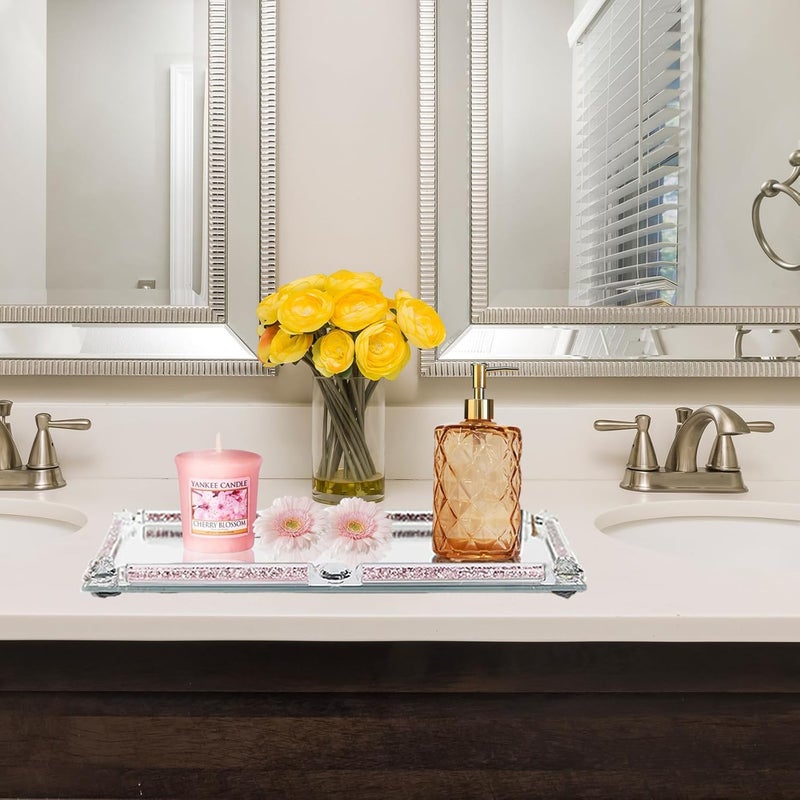 LFGKeng Large Glass Tray, Crystal Mirror Modern Jewelry Trinket Trays with Crushed Diamond, 15.7" x 11.8" Rectangular Makeup Perfume Tray for Bathroom Bedroom, Home Decor, Hotel Banquet, Party (Rose A) - Image 5